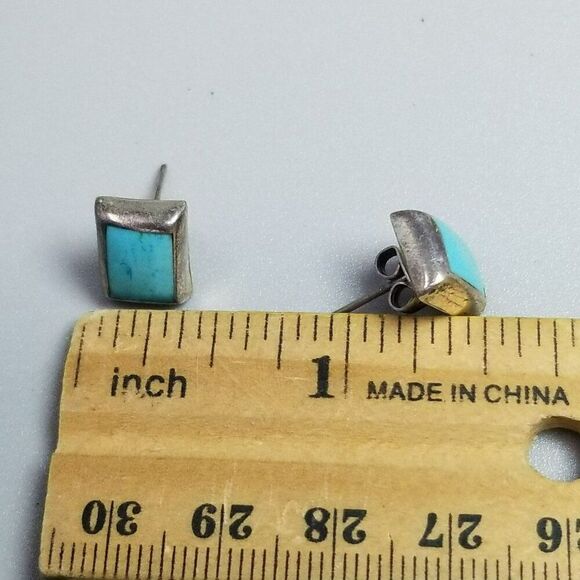 Vintage Sterling Silver and Blue Stud Earrings, Flush Set Rectangle Shape - Picture 6 of 9